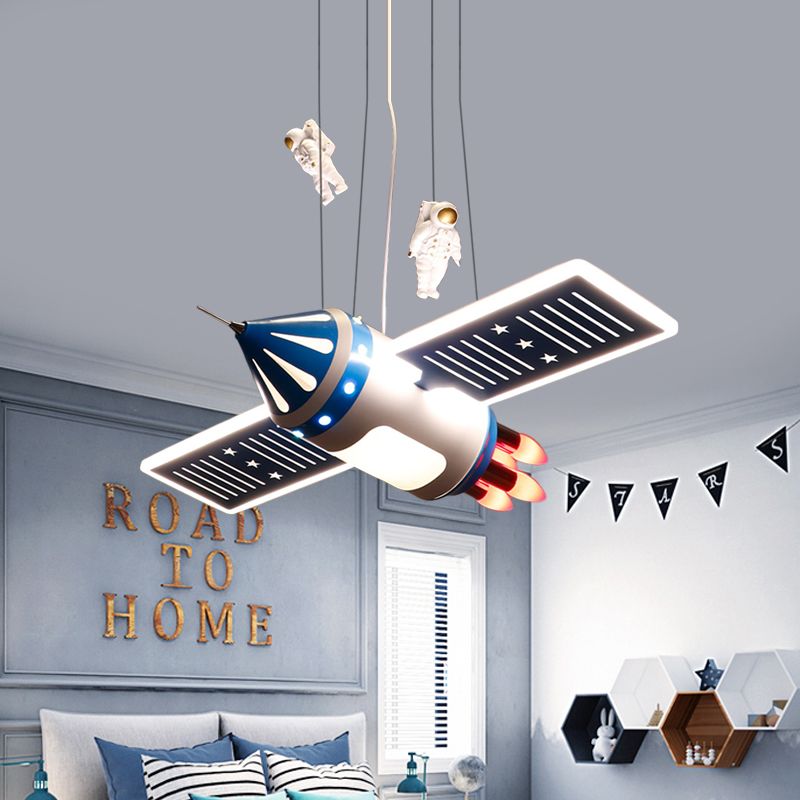 Spaceship Chandelier Light Fixture Cartoon Metal 4 Bulbs Red/Blue Hanging Pendant Lamp for Nursery