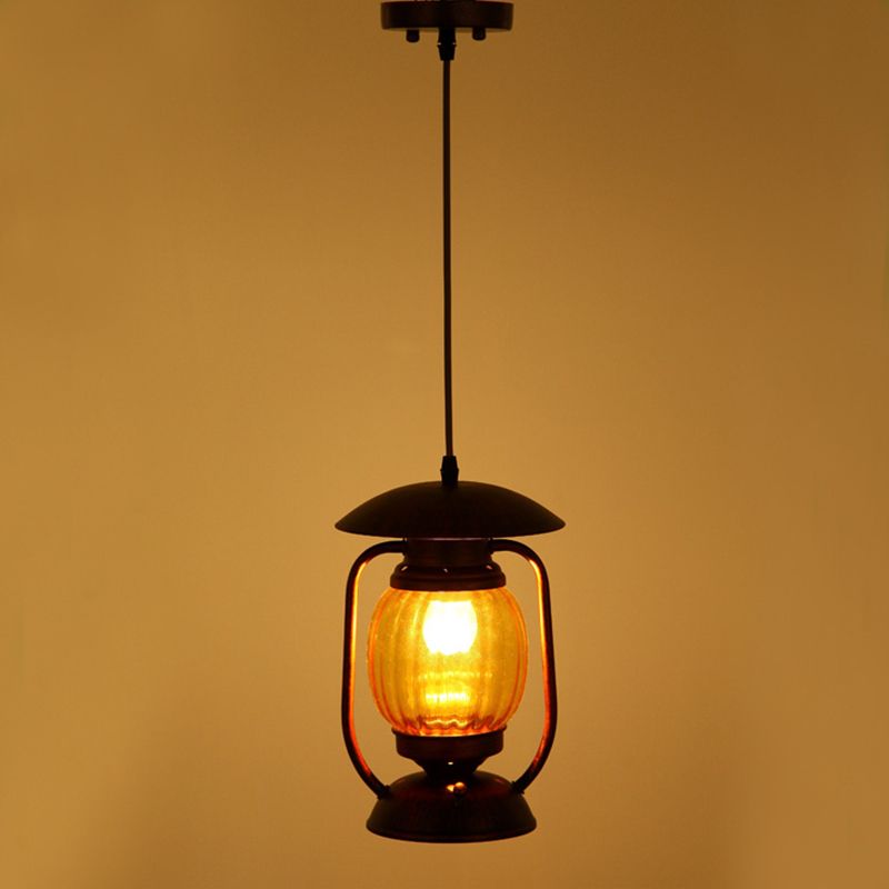Copper 1-Light Ceiling Hang Lamp Farmhouse Amber Ribbed Glass Lantern Drop Pendant over Table