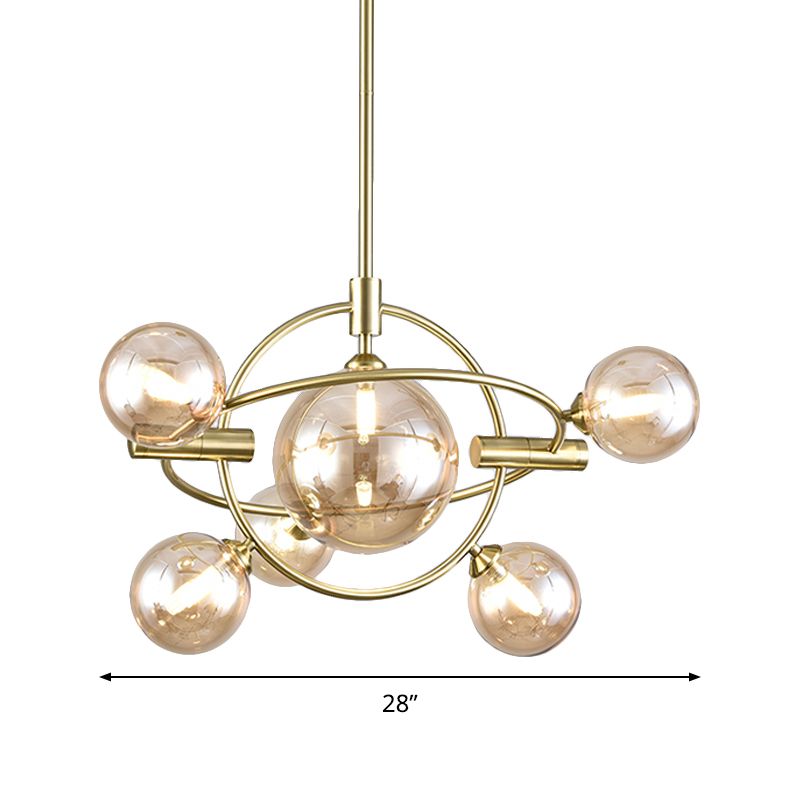 Modernist Sphere Chandelier Lighting Amber Glass 6 Heads Dining Room Ceiling Suspension Lamp
