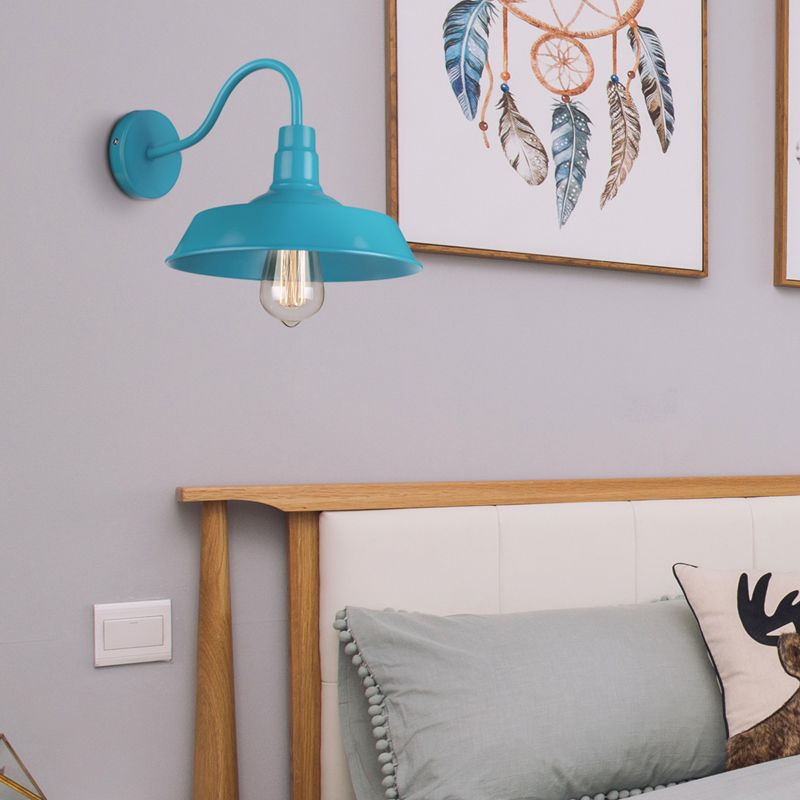 Industrial Stylish Barn Wall Sconce Lamp 1 Bulb Metallic Sconce Wall Lighting with Gooseneck Arm in Blue/Pink, 10"/14" Wide