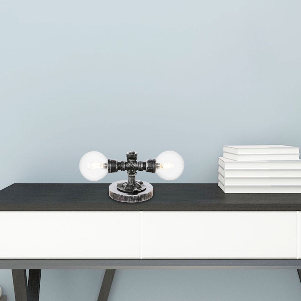 Lámpara de mesa industrial con pantalla redonda, 2 luces, luz de escritorio de vidrio transparente/ámbar en plata antigua con base