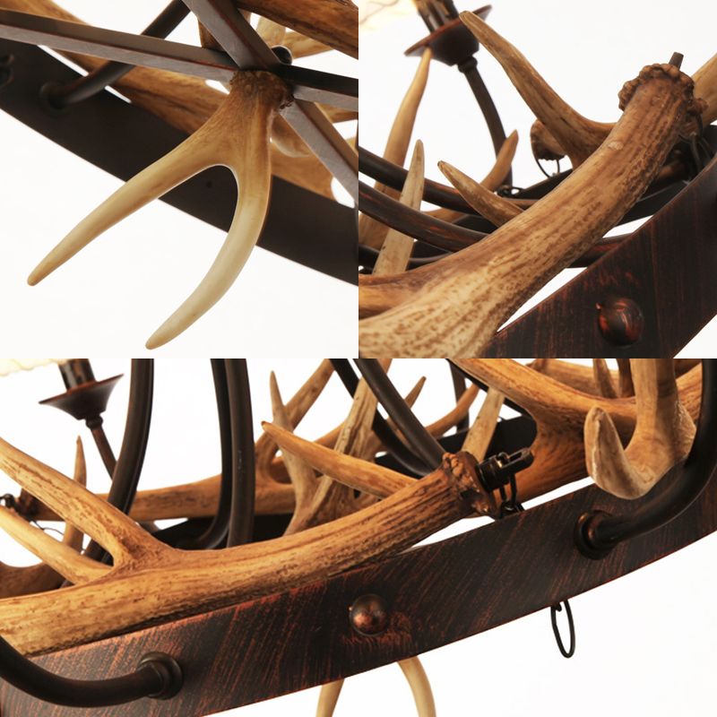 Tapered Dining Room Hanging Lamp Traditional Metal 8 Bulbs Brown Chandelier Pendant Light with Antler Decoration