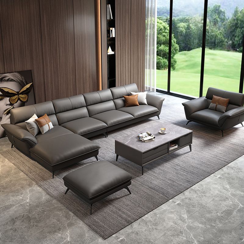 Glam Stationary Living Room Flared Arm Cushions Faux Leather Sofa Chaise
