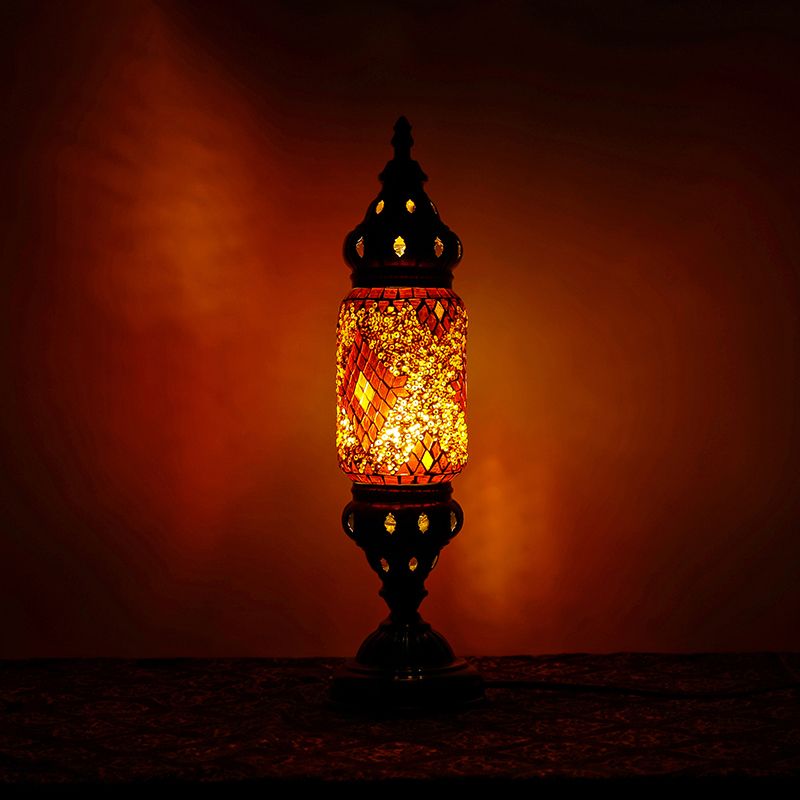 Mediterrane buisvormige nachtlampje 1 bol mozaïeken glazen tafelverlichting in nikkel voor slaapkamer