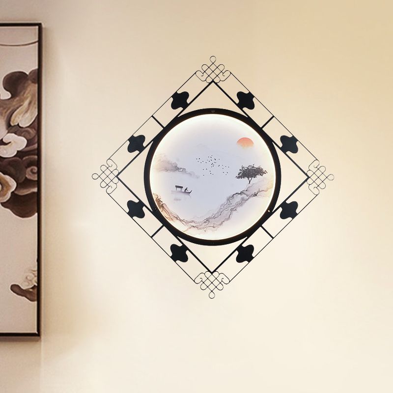 Living Room LED Wall Mural Lighting Chinese Black Wall Mount Fixture with Rhombus Metal Frame