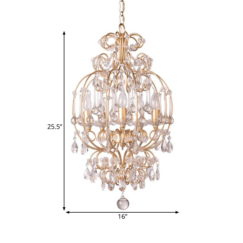Chandelle de lustre en or cristal 5 lumières Éclairage d'éclairage de suspension de campagne pour chambre à coucher