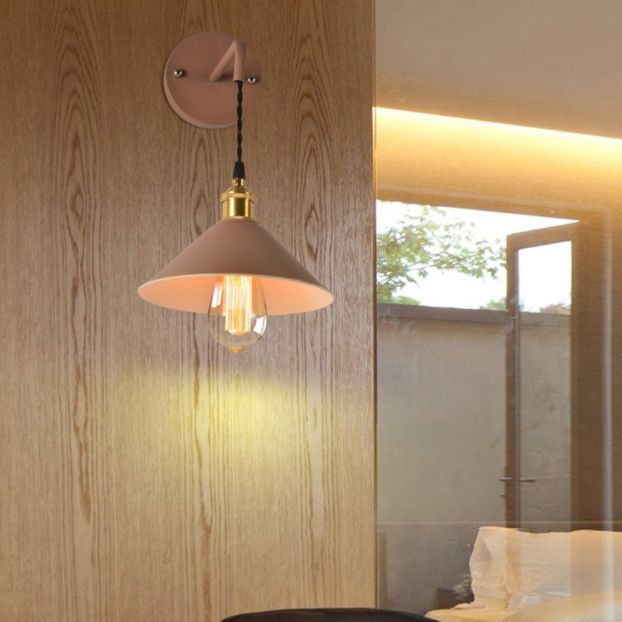 1-Lights Macaroon Style Simplicity Wall Lamp Metal Cone Shade Bedroom Sconce Light with Brass Rotary Switch