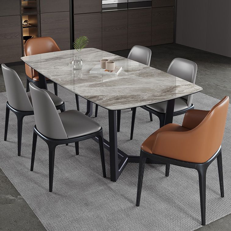 Mesa industrial rectangular con base de caballete, mesa fija en tono gris con piedra sinterizada
