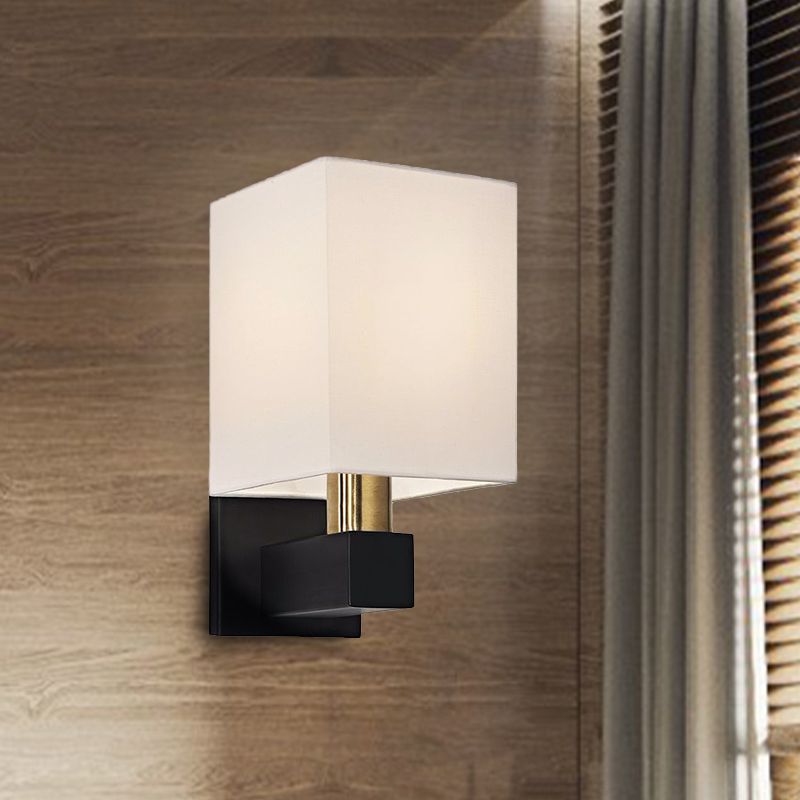 Minimalist Rectangle Wall Light Single Bulb White Fabric Shade Wall Sconce Lighting with Clean-Lined Arm