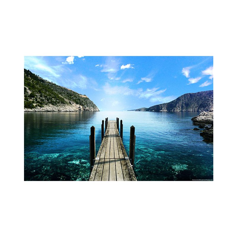 Photo Ocean Wooden Bridge Art Print Contemporary Canvas Wall Decor in Dark Color