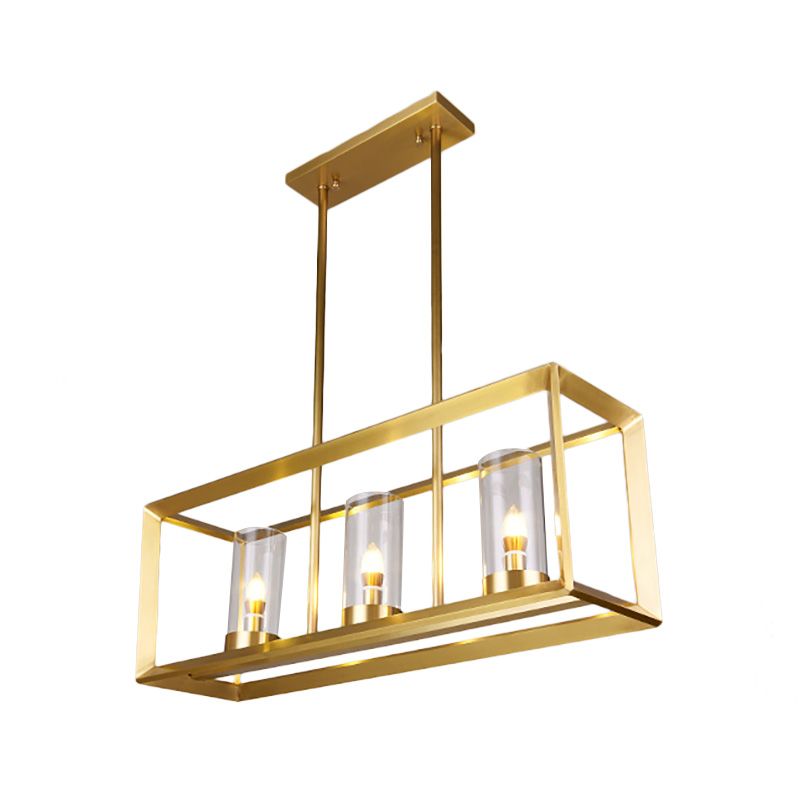 Classic Rectangle Hanging Pendant Light 3/4/5 Lights Clear Glass Island Lighting in Gold for Dining Room