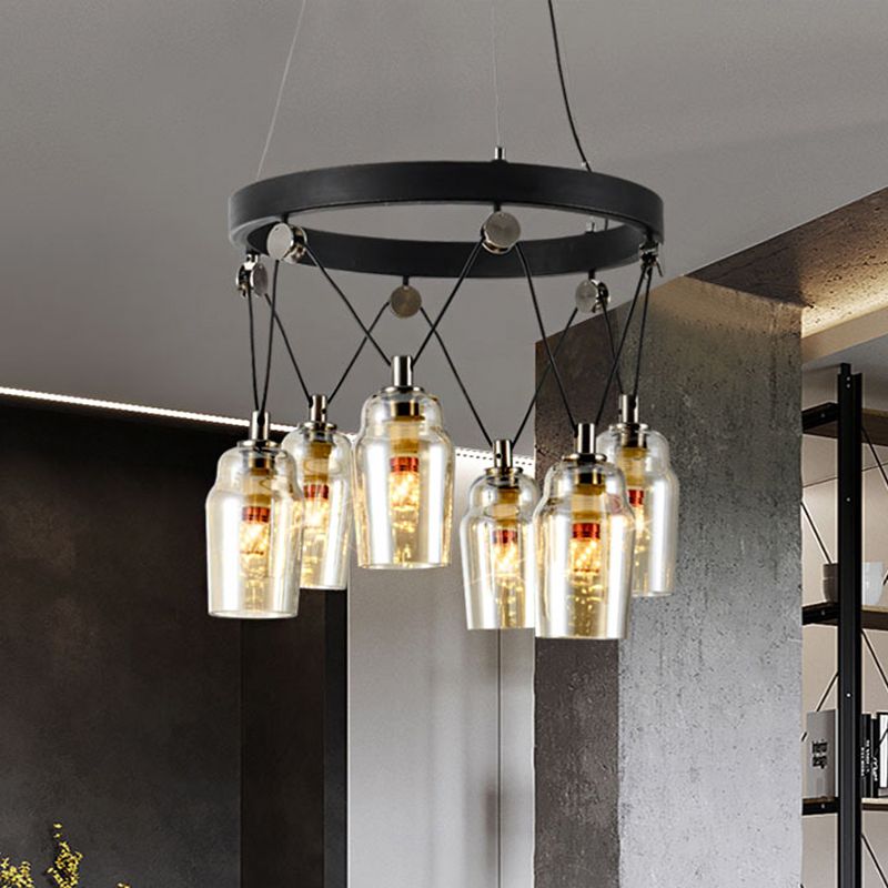 6-Light Cocktail Shaker Chandelier Loft Black Clear Glass Suspension Pendant Light
