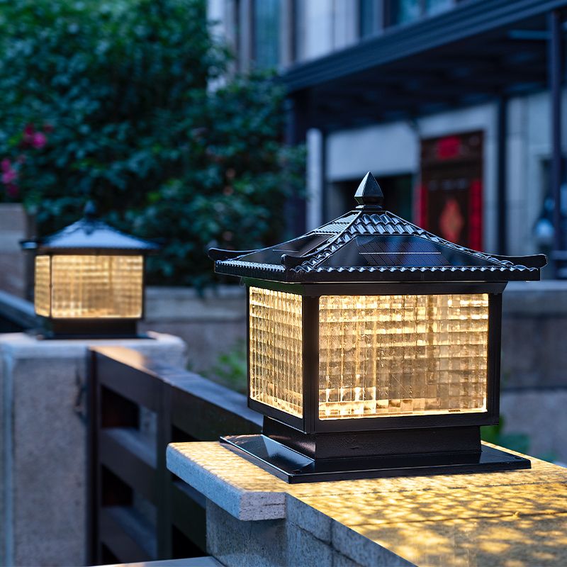 1-Light Pillar Lamp Square Solar Lighting Fixture with Glass Shade for Garden