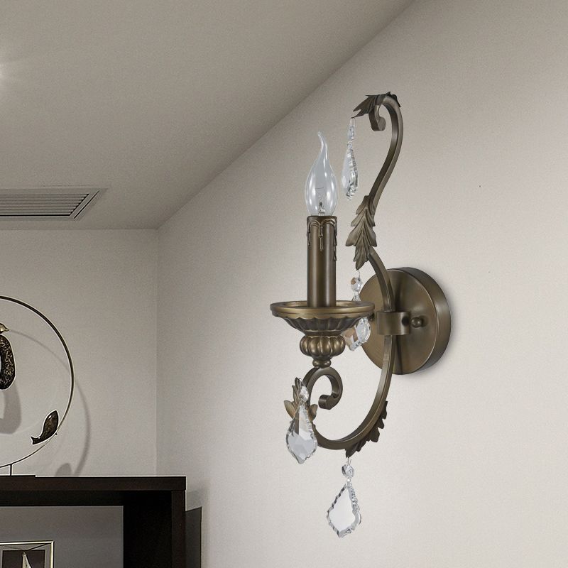 Rustic Candlestick Wall Lighting Fixture 1 Bulb Iron Wall Mounted Lamp in Bronze with Dangling Crystal Accent