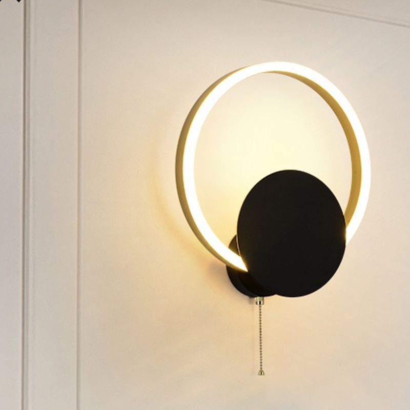 Circular Wall Mount Light Minimal Acrylic LED Bedroom Sconce in Black with Pull Chain