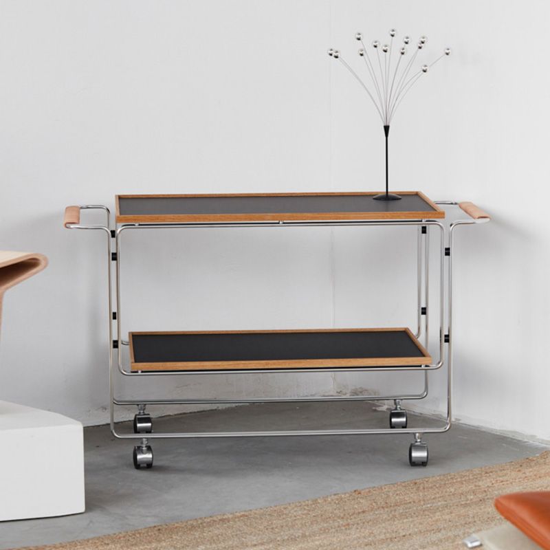 Contemporary Side End Snack Table with Shelf in Steel and Solid Wood