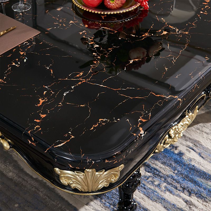 Glam Kitchen Table with Faux Marble Top Solid Wood Legs in Black