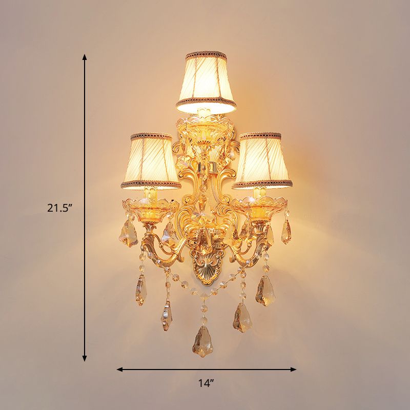 Bell Fabric Wall Sconce Classic 3 Lights Living Room Wall Light in Gold with Dangling Crystal