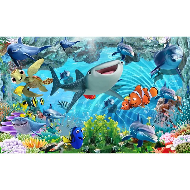 Kids Tropical Undersea Life Mural Decal Blue Moisture Resistant Wall Decor for Nursery