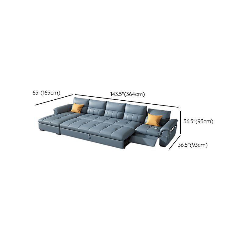 Stainless Steel Blue Genuine Leather Living Room Flared Arm Sofa