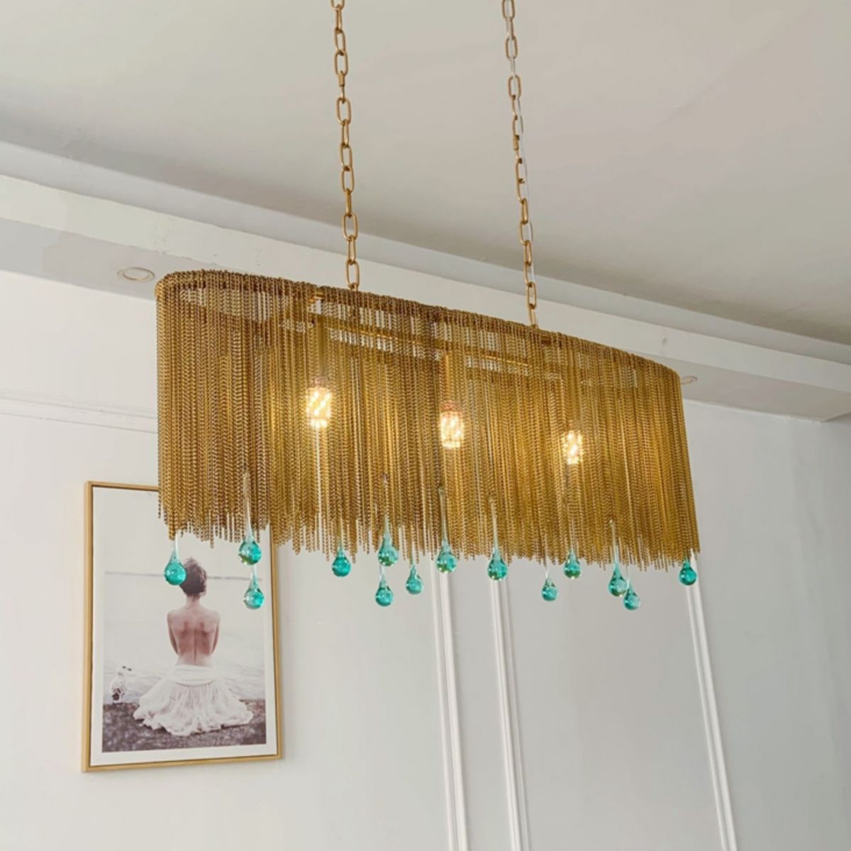 Aluminum Tassel Chandelier Postmodern Brass Finish Hanging Lamp with Blue Crystal Drops
