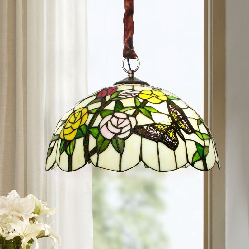 Chandelier en verre coupé à main classique à 3-tête Classic à la main avec motif floral et papillon en bronze