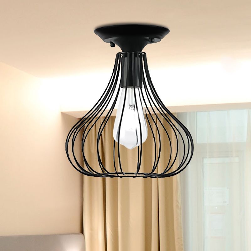 Retro Loft Globe / Pear Cage Ceiling Fixture 1 Light Metallic Semi-Flush Mount Light in Black for Hallway