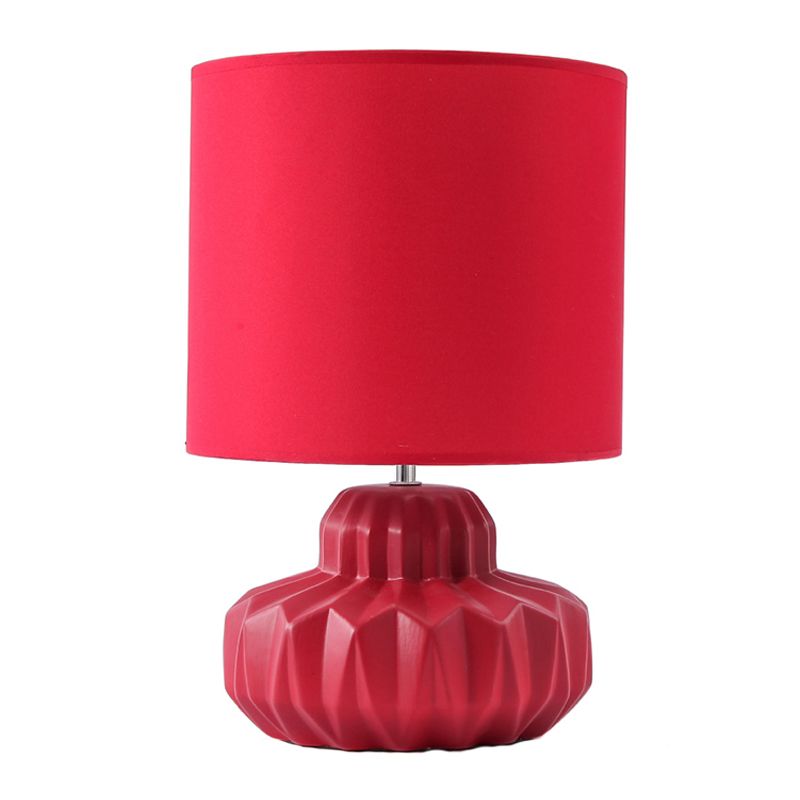 Lampada da comodino in tessuto cilindrico retrò a 1 lampadina da soggiorno con base in vaso di ceramica in rosso