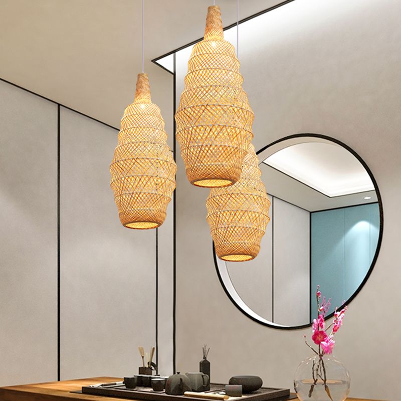 1 Bulb Hand Woven Pendant Light Chinese Bamboo Suspended Lighting Fixture in Flaxen