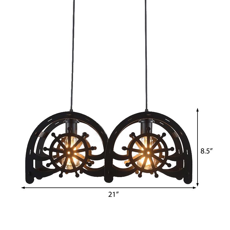 Metal Black Pendant Lamp Wheel Shade 2/3-Light Vintage Chandelier Light Fixture for Living Room