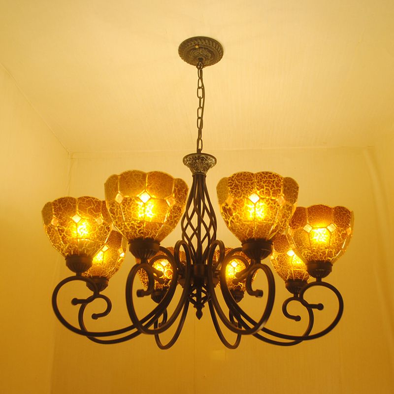 Éclairage d'éclairage de lustre à bras incurvé Tiffany Tan Crackle Glass 8 lumières Pendante dorée