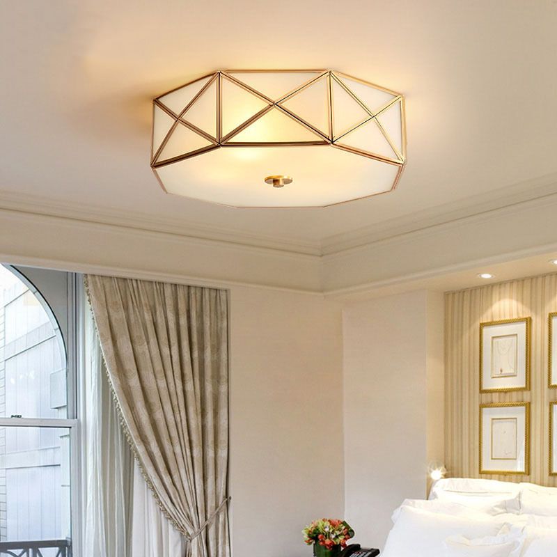 Geometric Shaped Bedroom Flush Light Simplicity Cream Glass Gold Flush Ceiling Light Fixture