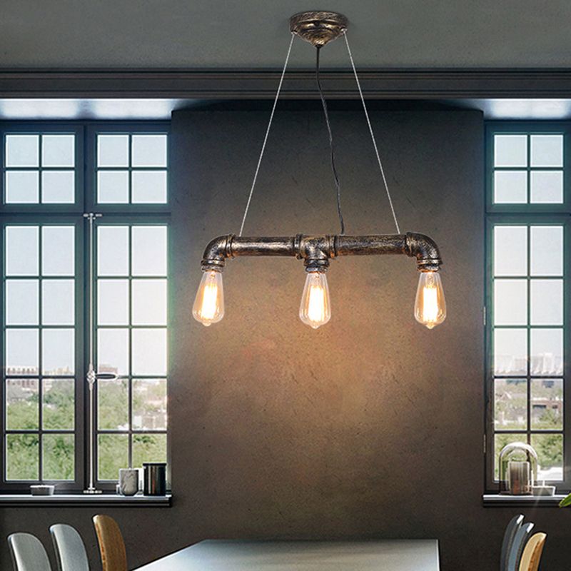 Steampunk Water Pipe Island Light Wrought Iron Suspended Lighting Fixture in Bronze