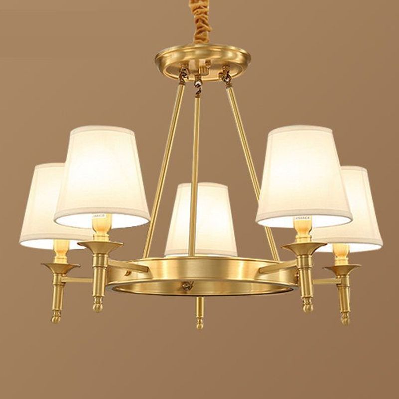 Post-Modern Wagon Wheel Hanging Chandelier Light White Linen Shade Ceiling Chandelier in Gold for Dining Table