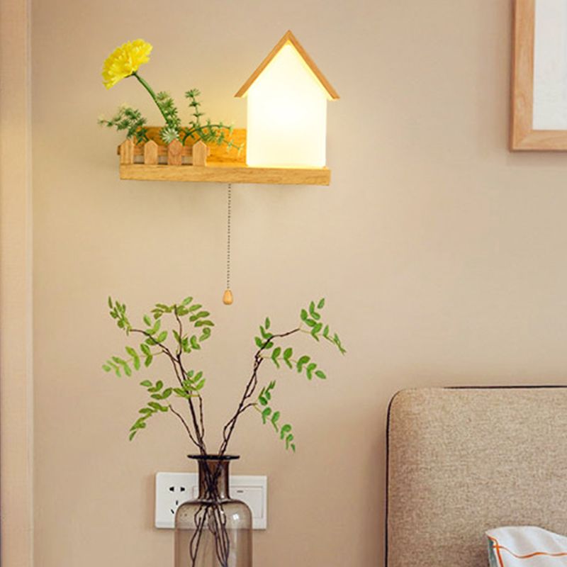 Modern Style House Shape Wall Light Wood 1 Light Sconces for Bedroom without Plant