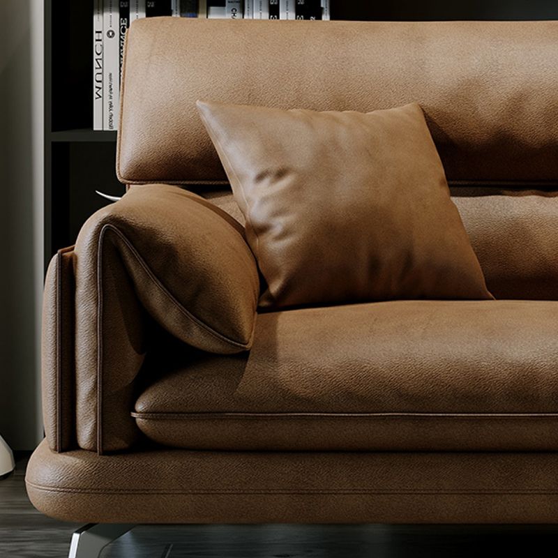 Pillow Top Arm Sofa in Brown Genuine Leather Sewn Pillow Back Sofa