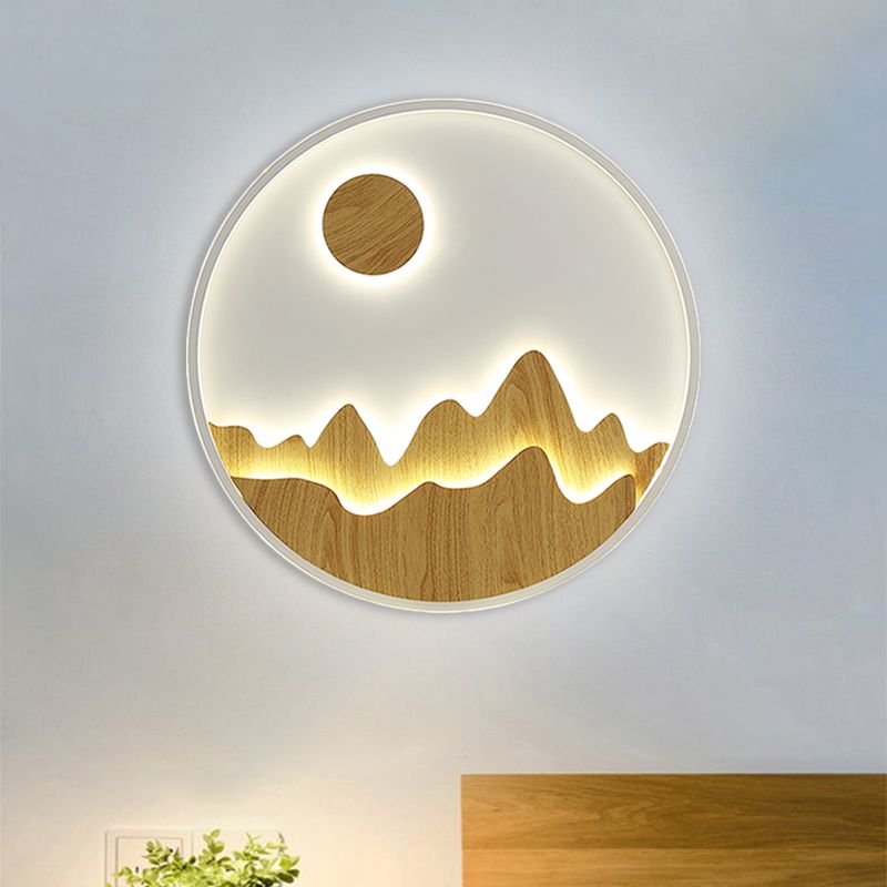 Wooden Circular Wall Mural Lamp Asia Mountain and Sun LED Wall Lighting Ideas in Yellow