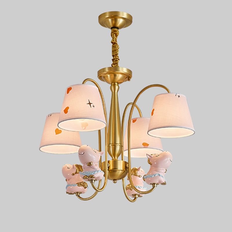 Animal Nursery Ceiling Lighting Resin Childrens Chandelier Light Fixture with Tapered Fabric Shade in Gold