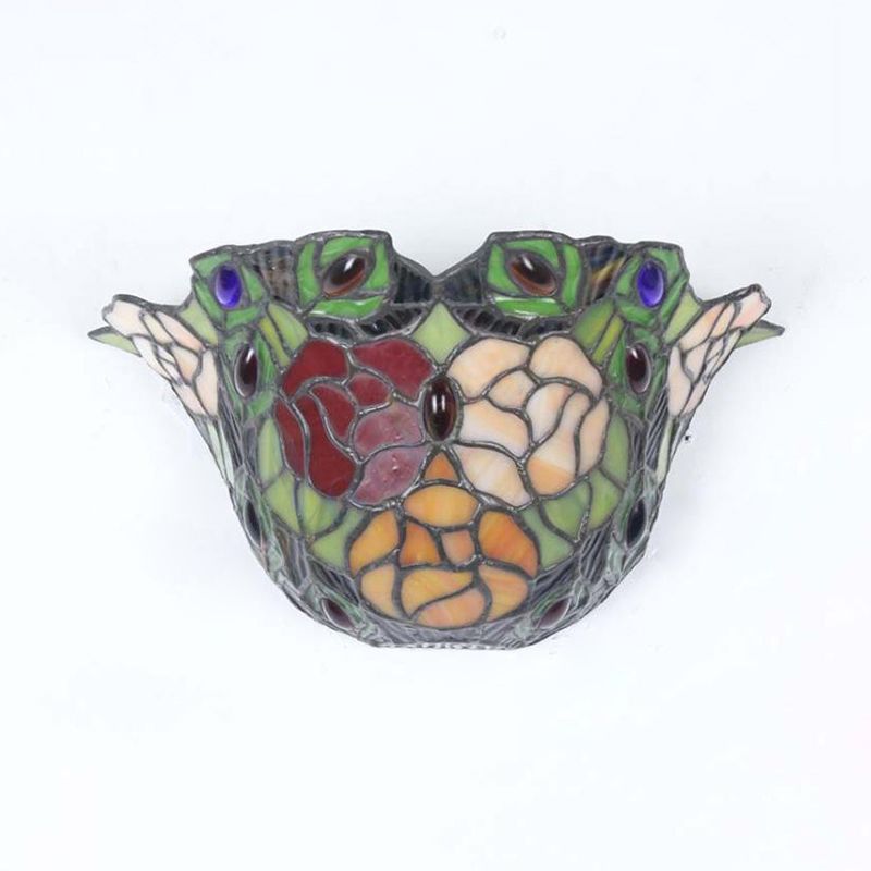 Floral Wall Sconce Light with Rose and Jewel Stained Glass 1 Light Rustic Art Deco Wall Lighting for Foyer