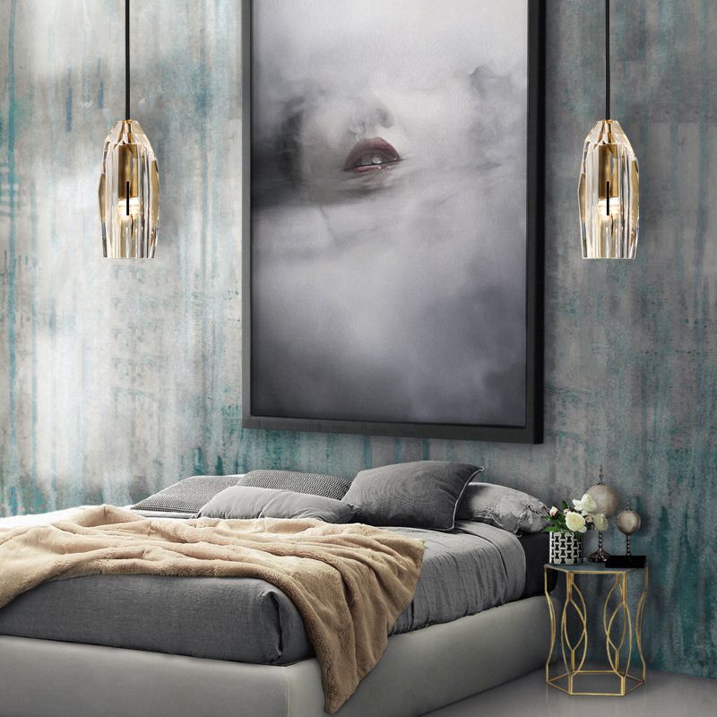 Lampe de suspension géométrique moderne à pendentif simple et léger en cuivre avec de l'ombre en cristal