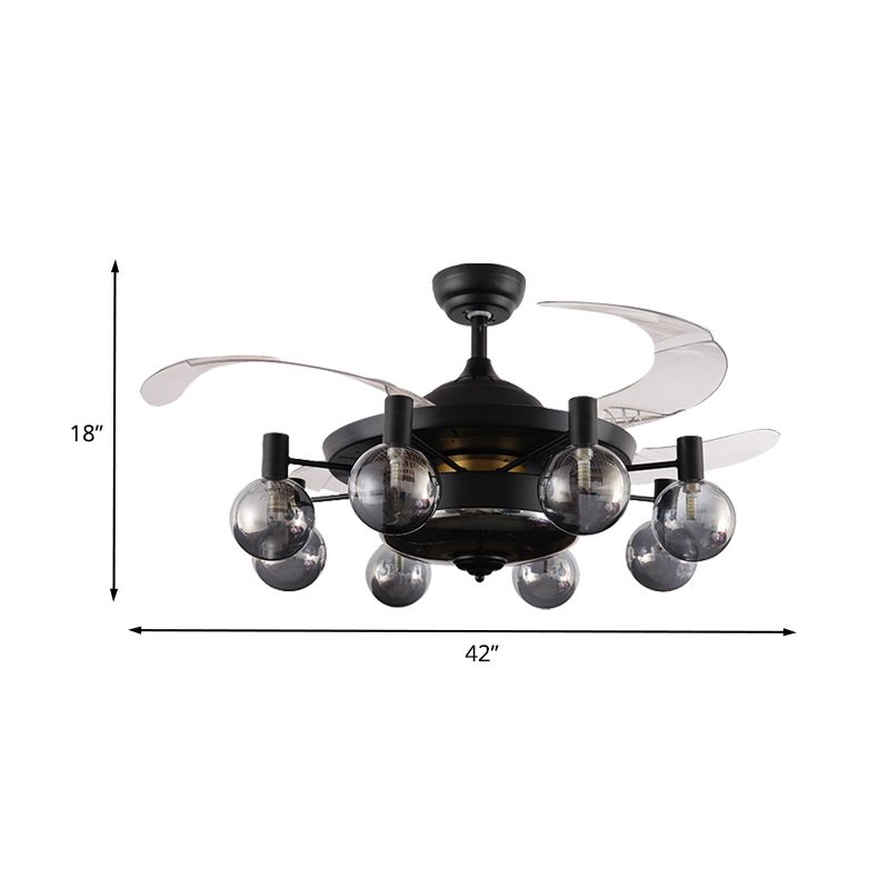 Metal Black Ceiling Fan Light Sputnik 48" Wide 8-Head Industrial 4 Clear Blades Semi Flush Lamp with Orb Grey Glass Shade, Wall/Remote Control