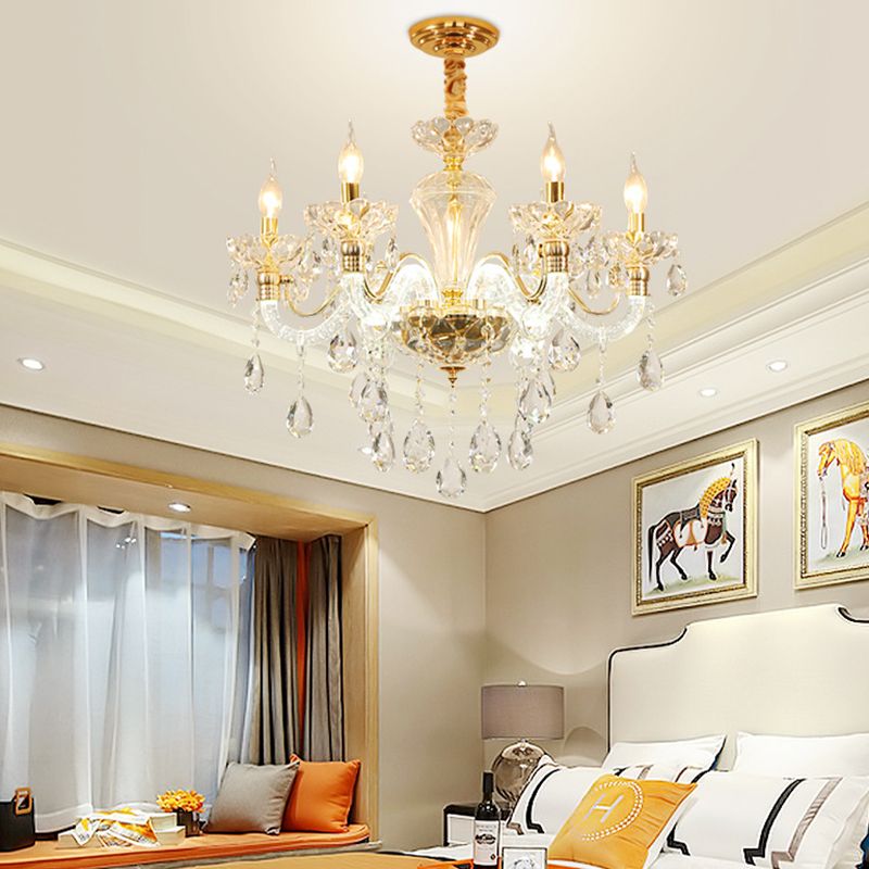 Candelabra Crystal Ceiling Chandelier Vintage 6 Lights Dining Room Pendant in Gold with Clear Glass Shade