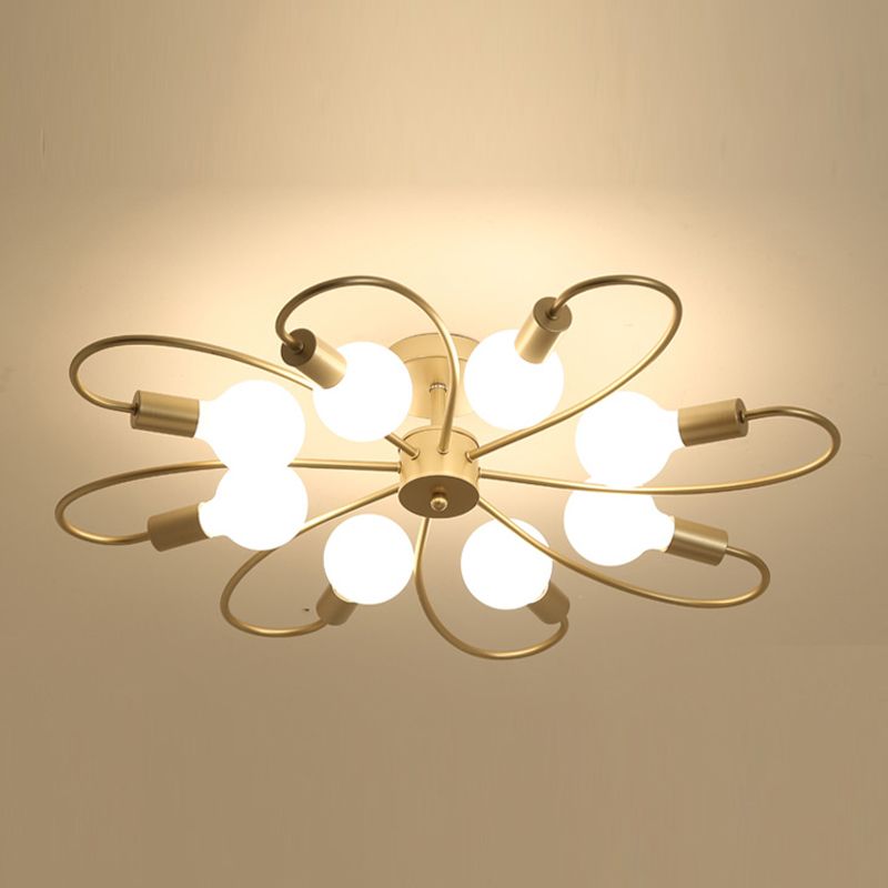 Golden Multi Head Ceiling Light Industrial Metal Semi Flush Mount Lamp for Living Room