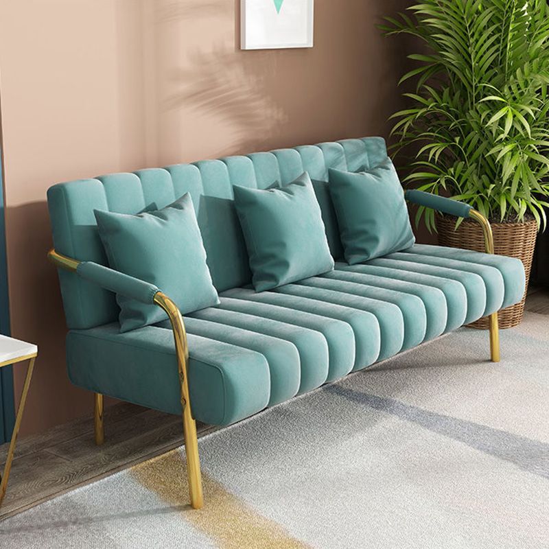 Recessed Arm Sofa Stain Velvet/Faux Leather Sofa with Pillows