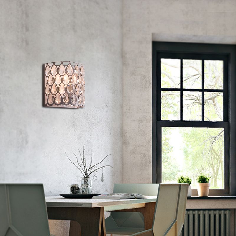 Clear Crystal Teardrop Wall Mounted Light with Cylinder Shade Contemporary 1 Light Wall Sconce in White