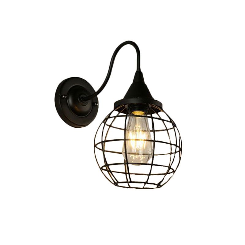 Rustic Style Ball Cage Wall Lighting with Gooseneck Arm 1 Bulb Iron Wall Sconce in Rust/Black Finish