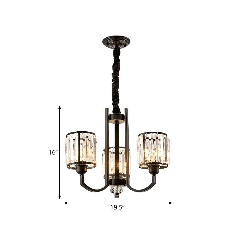 Black Cylinder Pendant Lighting Fixture Classic Faceted Crystal Living Room Chandelier Lamp