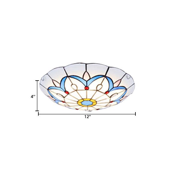 White Tiffany Ceiling Lights, 2-Lights Flush Mount Light with Art Glass Floral Shade and Jewel for Bedroom