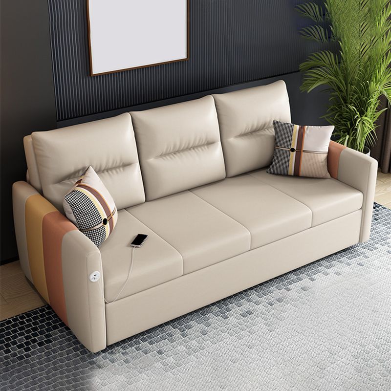 Faux Leather Sofa Stain Resistant Sewn Pillow Back Sofa Bed in Light Brown