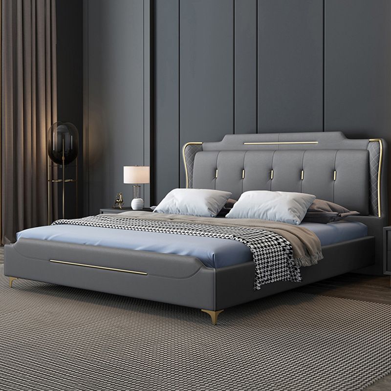 Faux Leather Glam Panel Bed with Wooden Upholstered Headboard